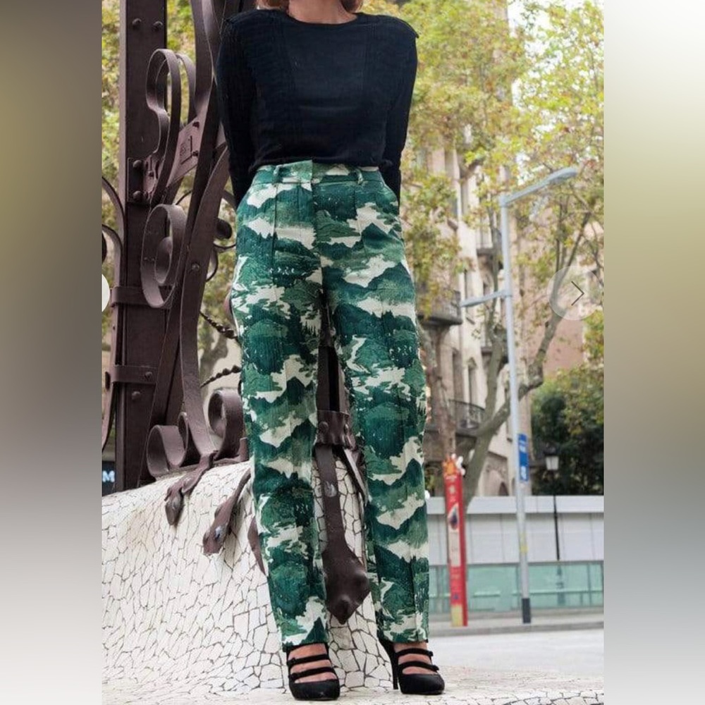 Anthropologie Green Patterned Straight Leg Pants - Picture 4 of 6